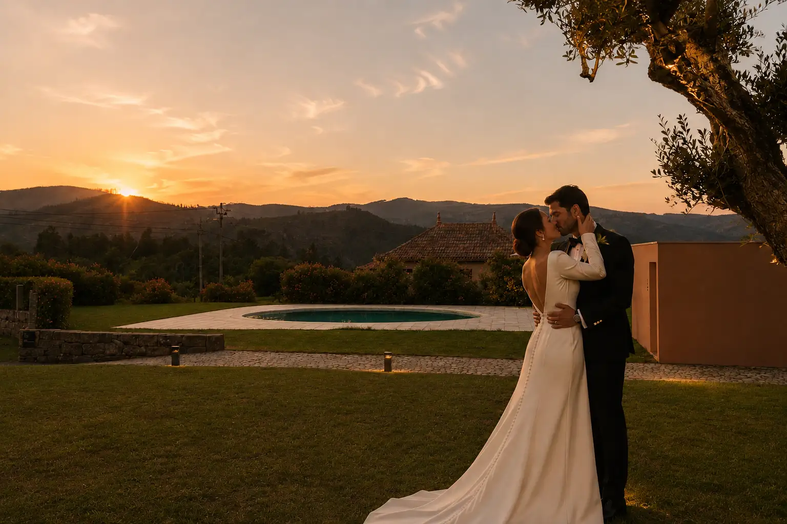 Sunset over Noronha Lima property in Arouca — wedding golden hour