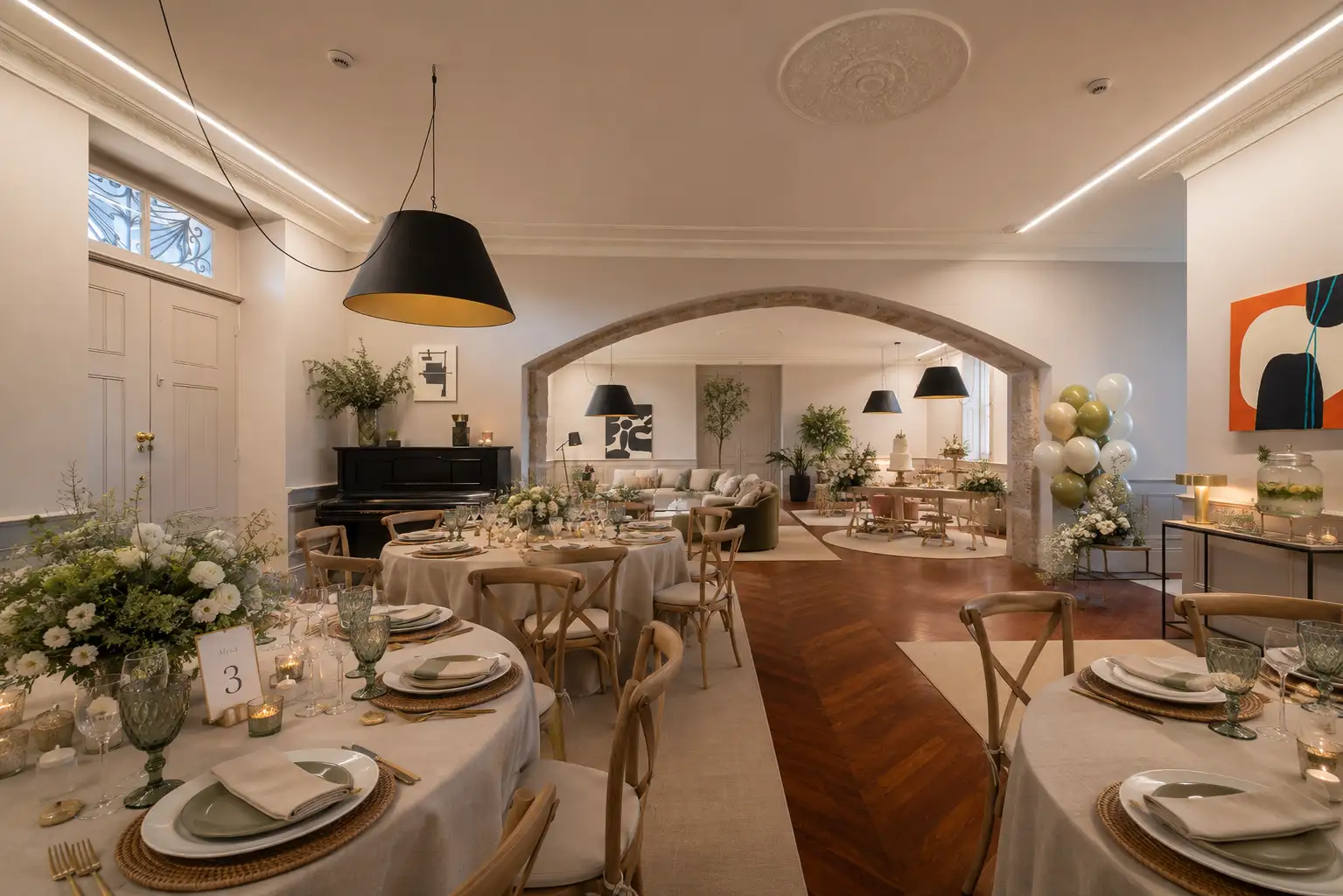 Noronha Lima interior transformed for a wedding dinner