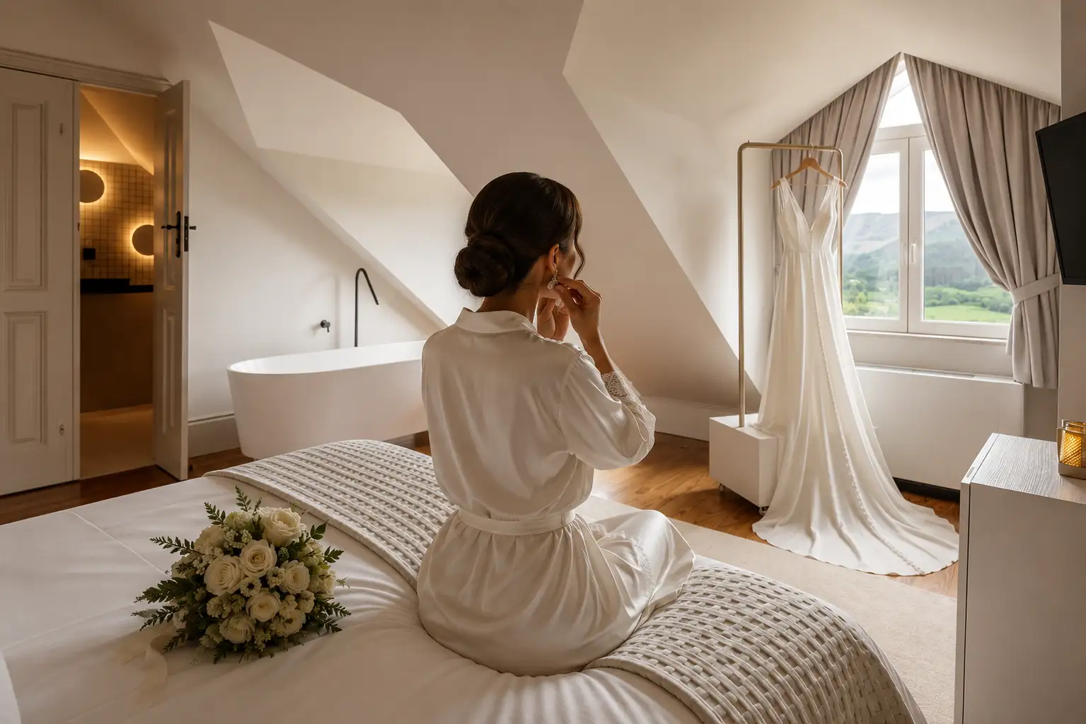 Bride getting ready in a room at Noronha Lima — wedding morning