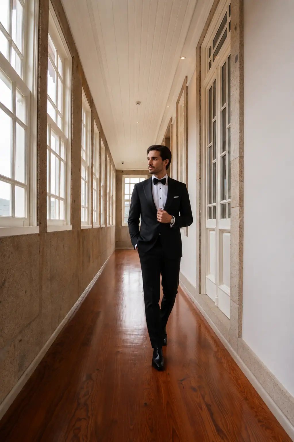 Groom in the glazed corridor at Noronha Lima before the ceremony